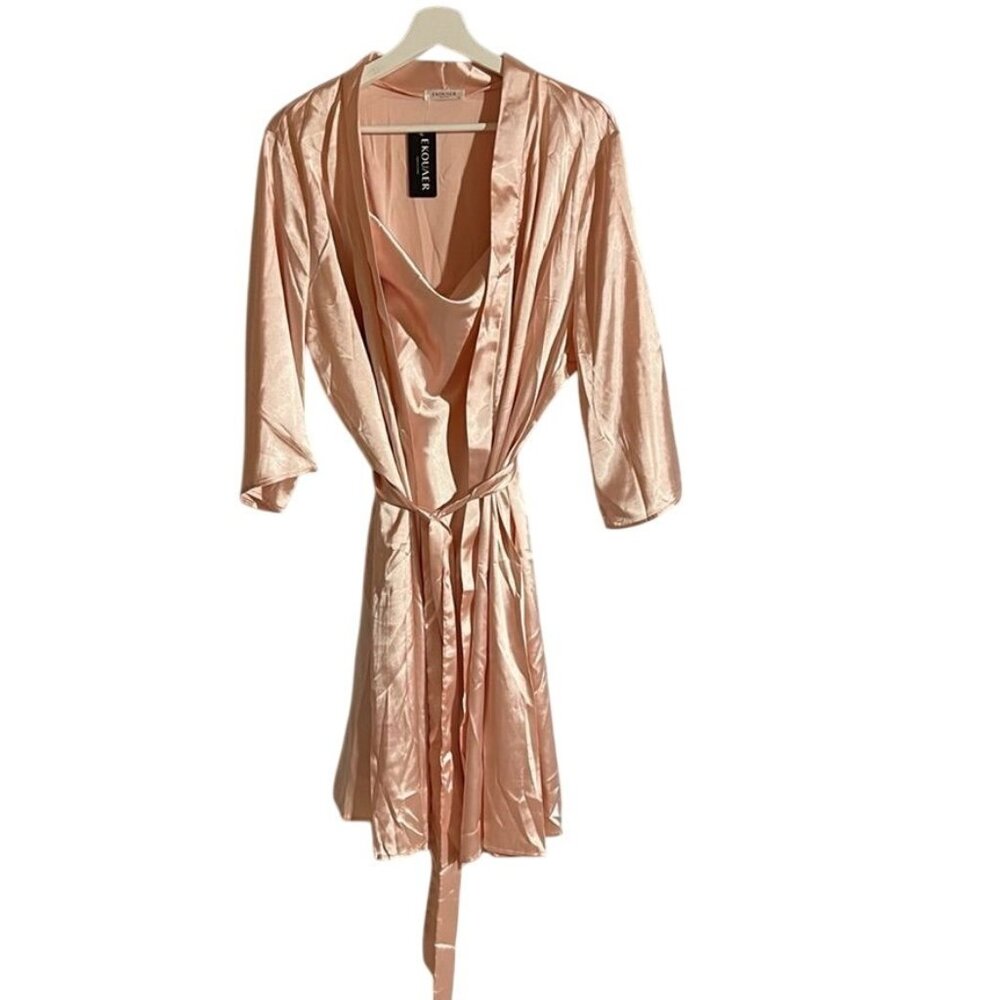 Ekouaer Womens Satin Robe & Slip Set Pink XL 95% Polyester 5% Spandex